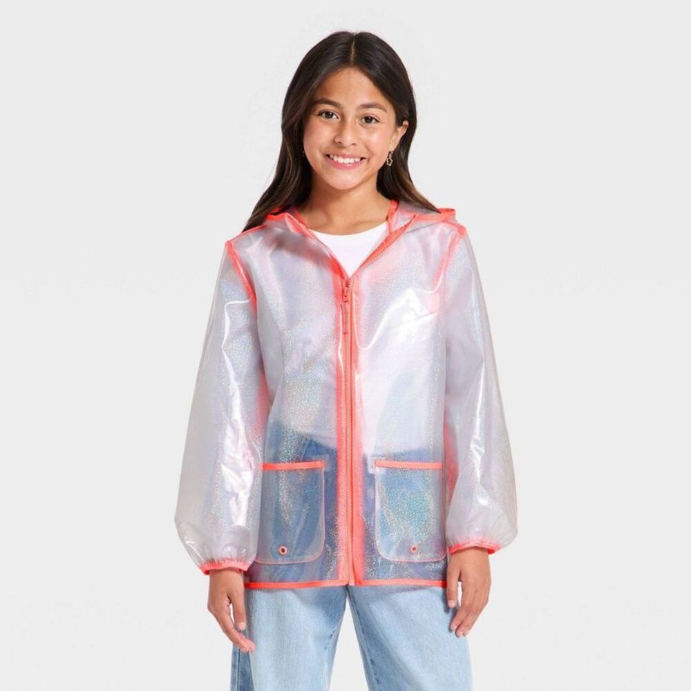 Girls' Puff Sleeve Clear Glitter Rain Jacket - Cat & Jack Pink L